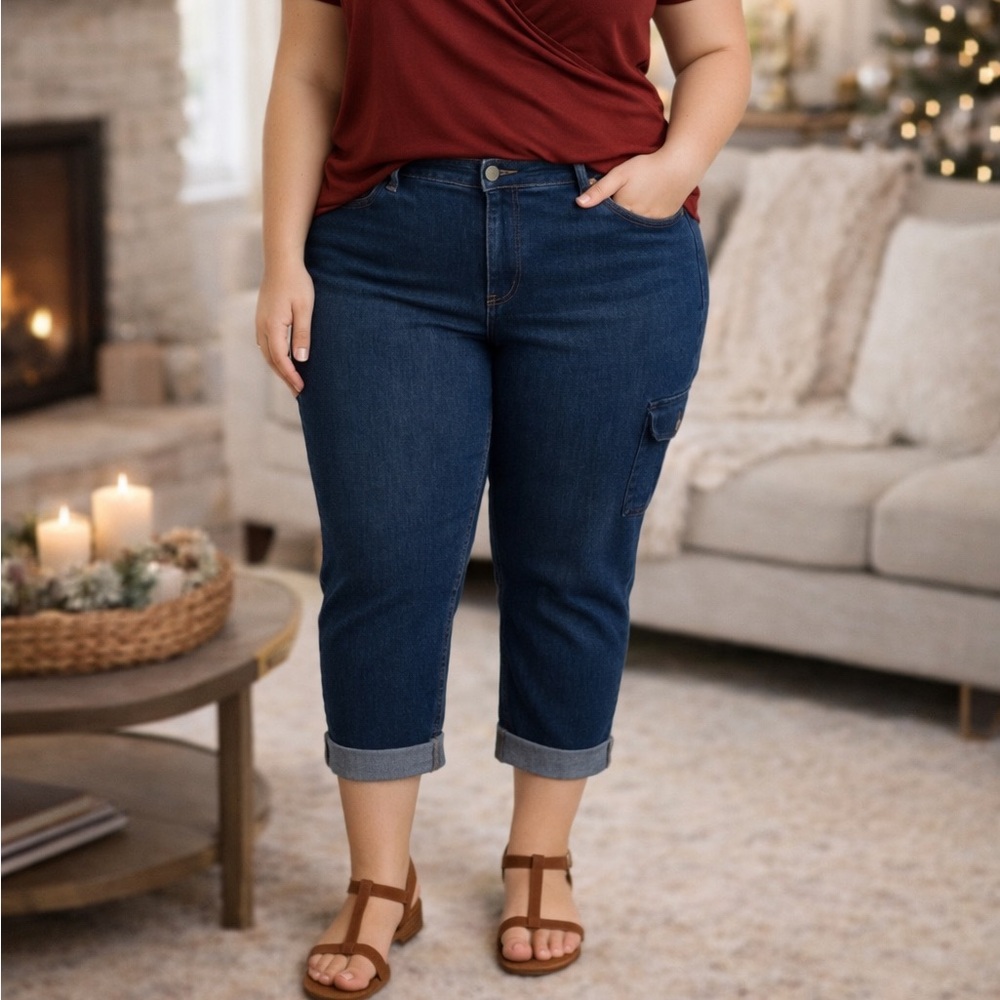 Blue Ankle Cropped Jeans with Rolled Hems